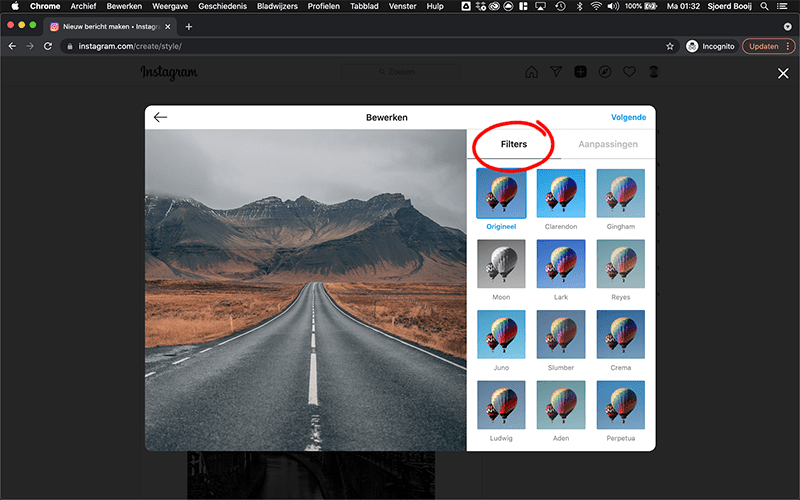 Filter toevoegen aan Instagram foto vanaf pc