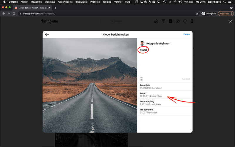 Hashtags toevoegen Instagram foto uploaden vanaf pc